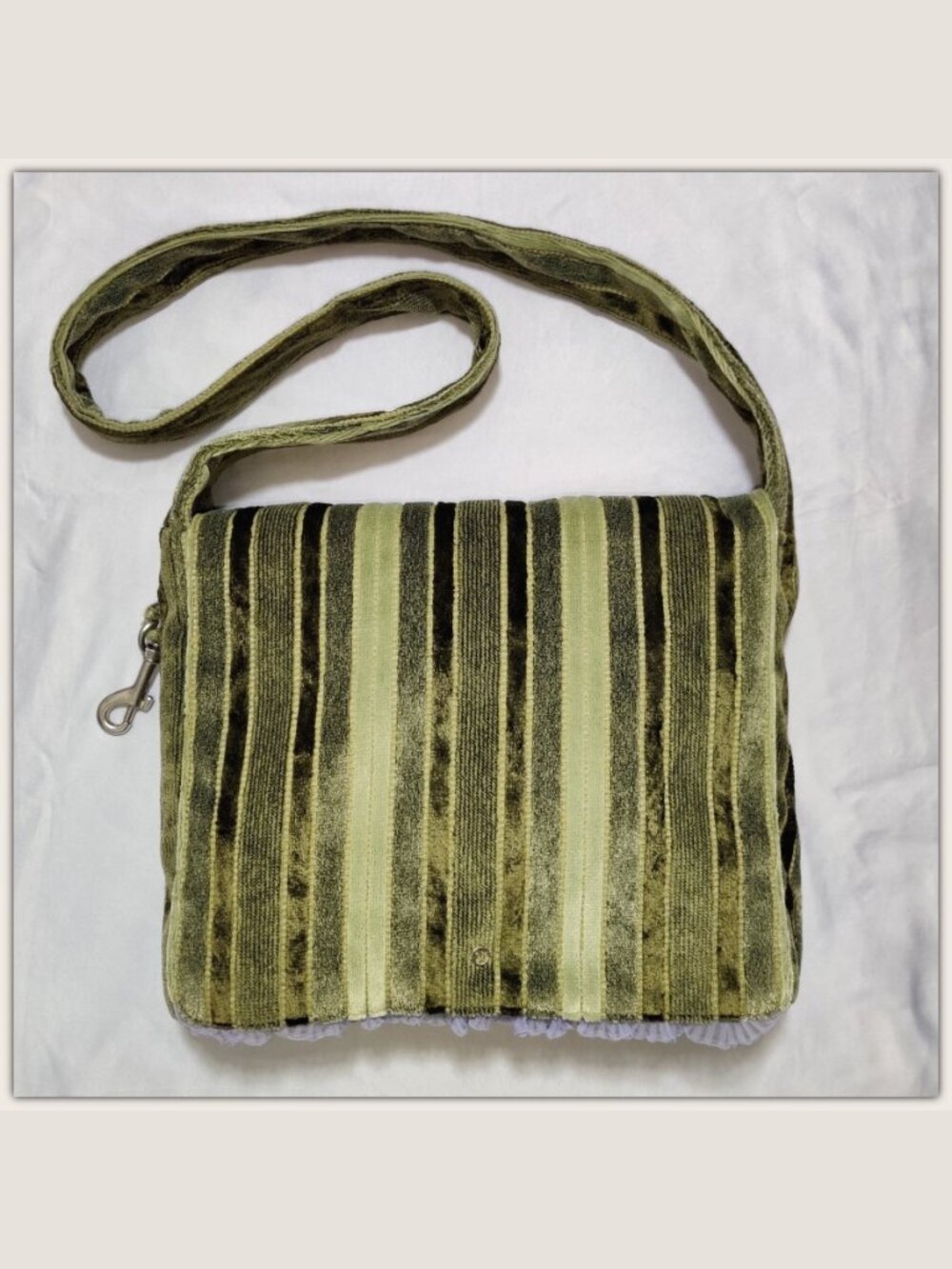 Vtg Handmade Upholstery Crossbody Bag Purse Green Striped Chenille Purple Lining